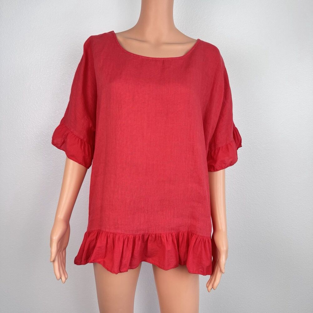 Terzo Millennio Italy Red Linen Top Boxy Ruffle Hem Short Sleeve Blouse Large